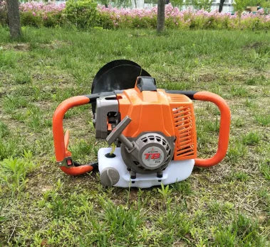Portable single-person gasoline hole digger for fruit tree fertilization, shown with engine and digging attachment
