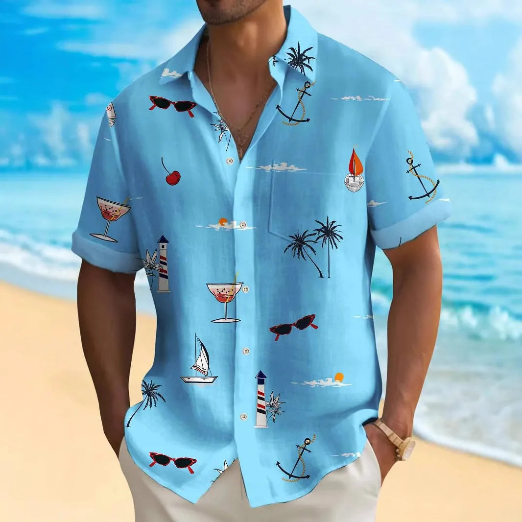 Men's loose fit Hawaiian shirt with digital printing pattern in polyester fabric showing short sleeve design