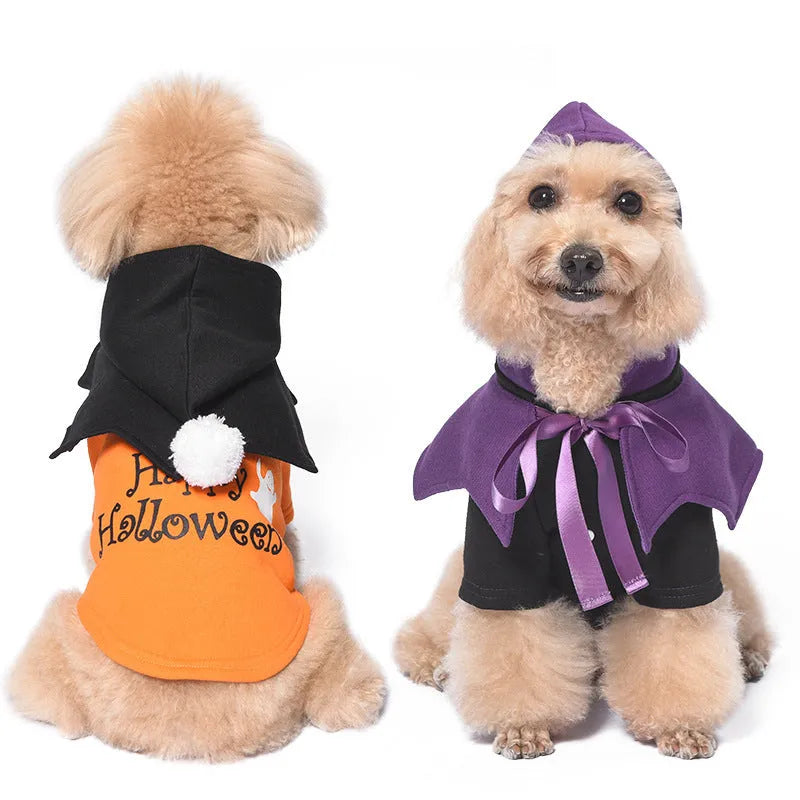 Black and orange Halloween pumpkin dog costume with sweater and shawl two-piece set