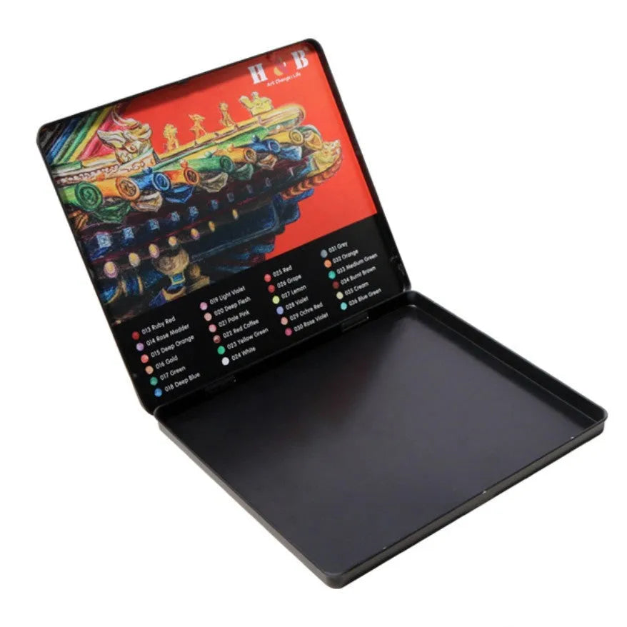 24 water-soluble coloured pencils in iron storage box, wooden barrel construction