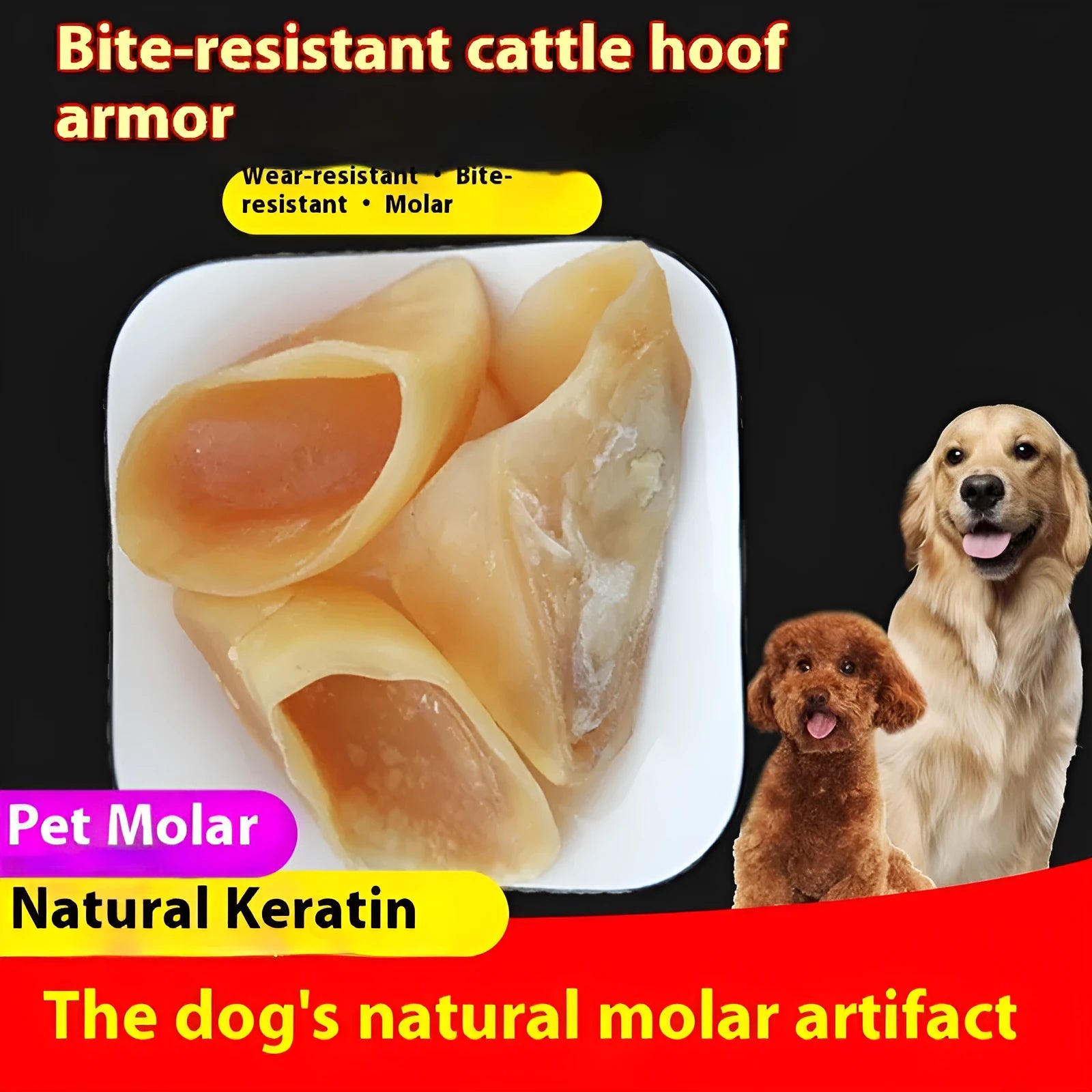 Natural cowhide dog dental chew stick in hoof shell colour for small and medium large breeds.