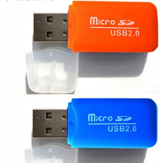 Compact silver Mini USB TF Card Reader with a plugged-in microSD card next to an SD card adapter.