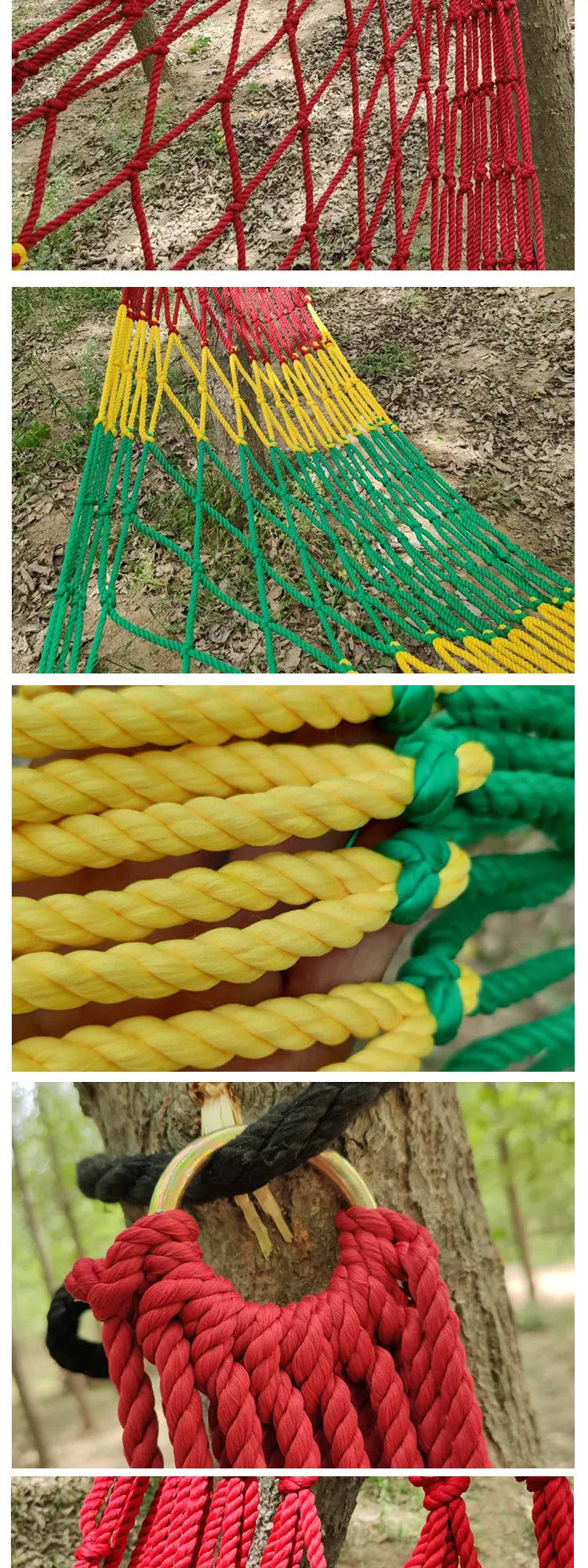 Bold style outdoor nylon rope mesh hammock hung between two trees.