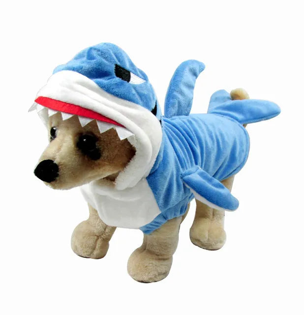 Realistic blue shark suit cosplay costume with embroidered eyes and zigzag mouth on model