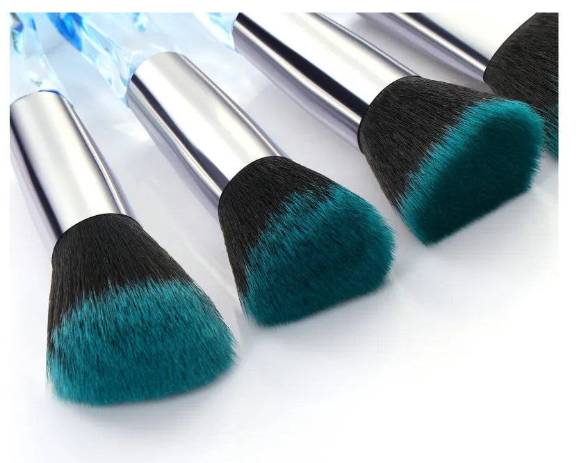 Ten clear crystal diamond-handle foundation brushes with artificial fibre bristles in four colours.