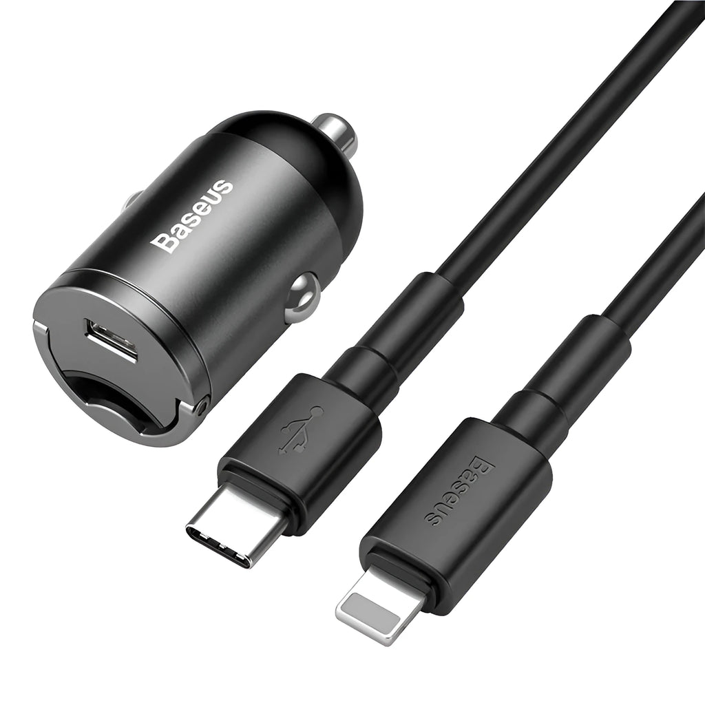 Baseus electro-optical grey 30W mini car charger with 1 metre USB cable