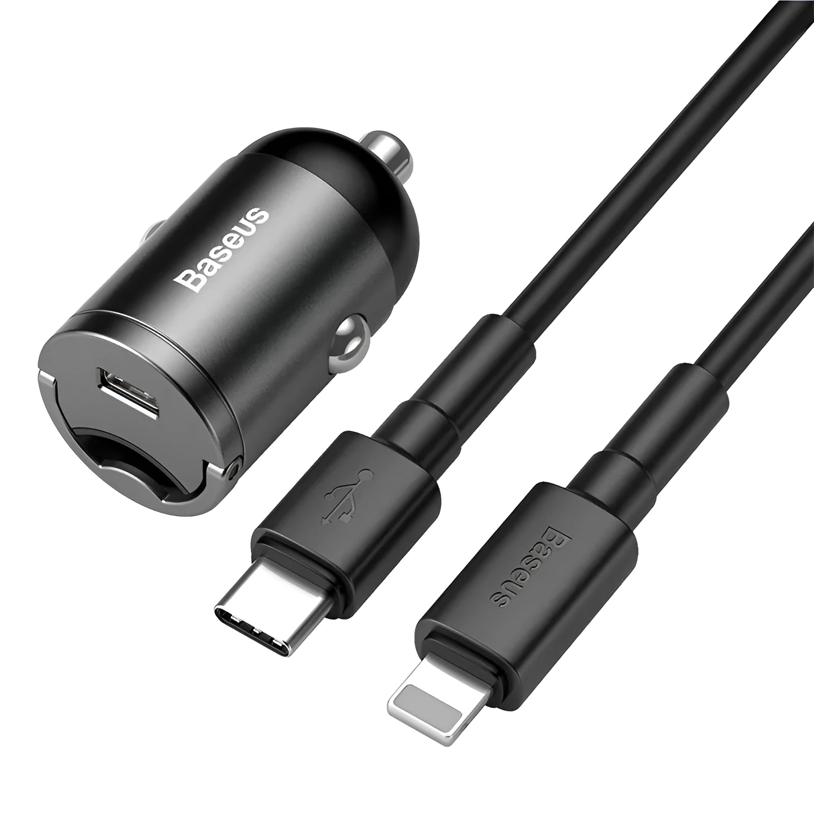 Baseus electro-optical grey 30W mini car charger with 1 metre USB cable