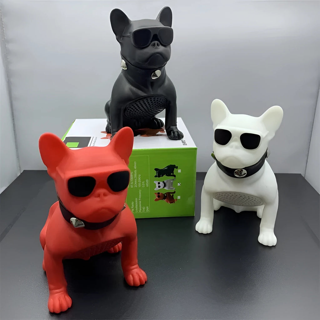 Mini bulldog-shaped Bluetooth speaker in black colour showing detailed sculpture design and compact size