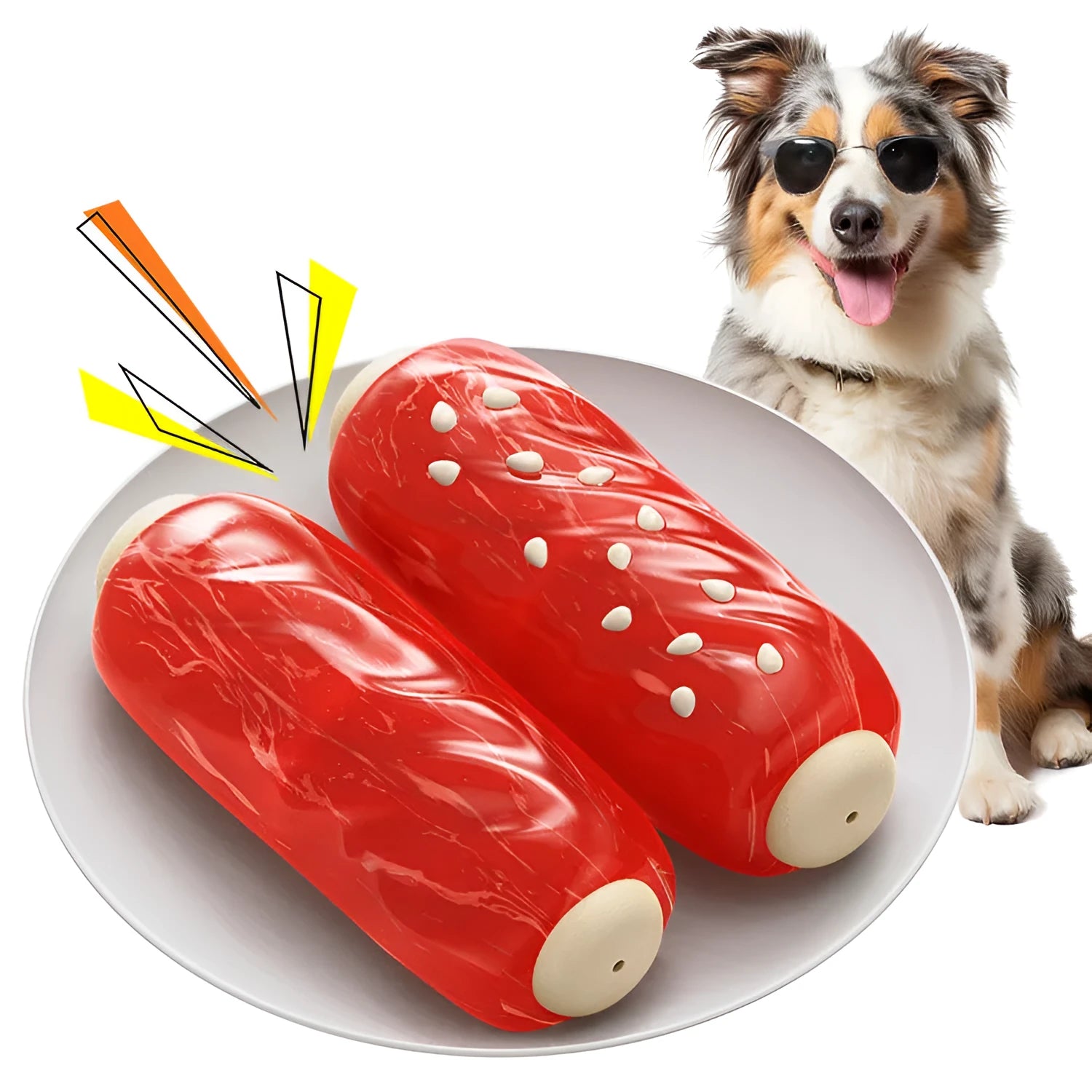 Primary colour plastic molar rod dog toy with glue toothbrush-shaped centre for dental chewing
