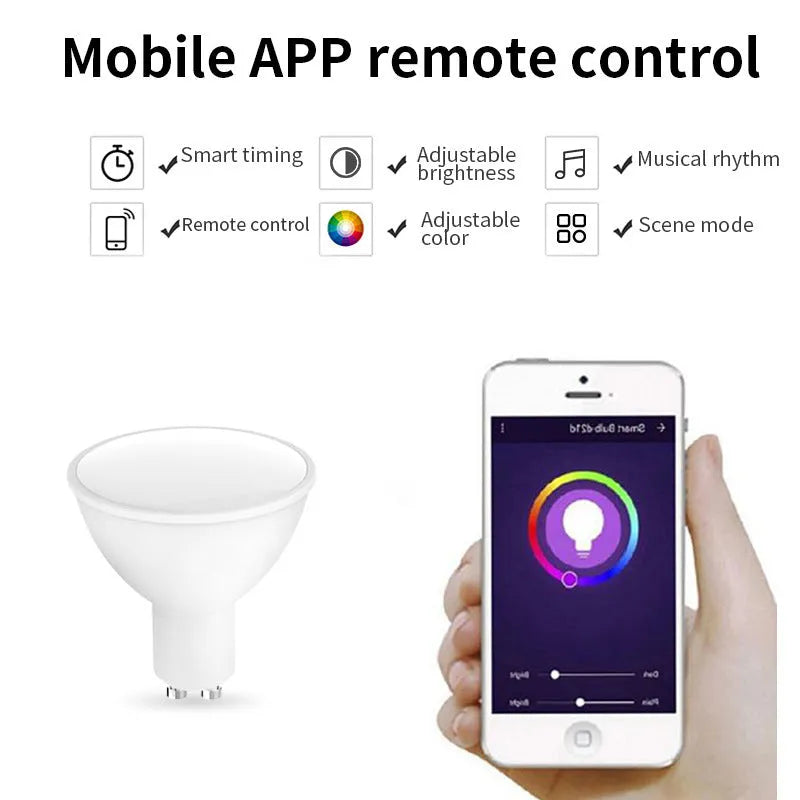 GU10 smart LED spotlight bulb with RGBCCT colours, shown in a standard spotlight socket.