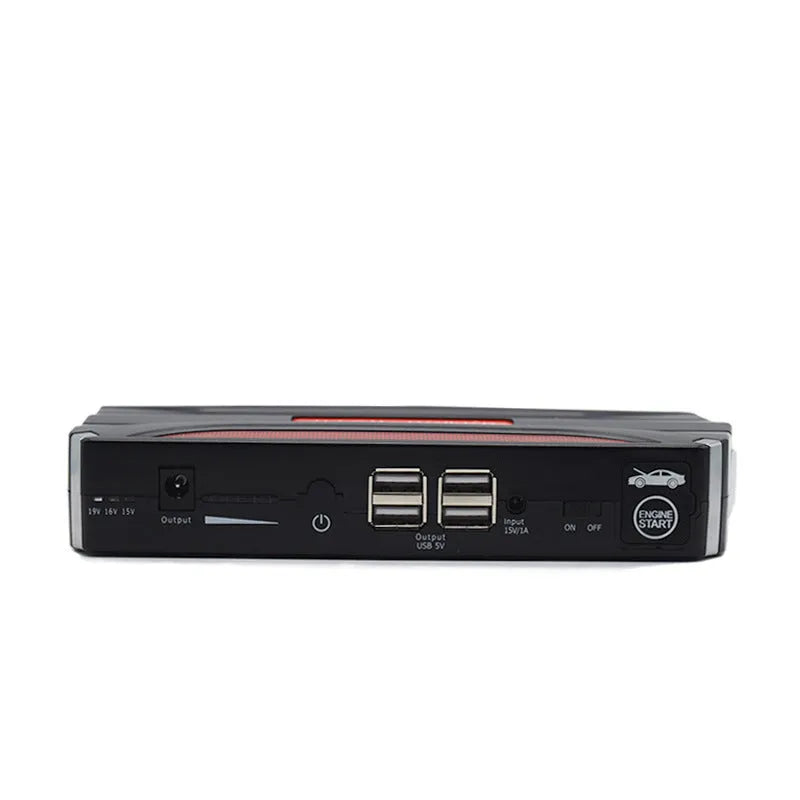 Black and red vehicle emergency starting power supply unit measuring 178x80x30mm with 7800mAh capacity