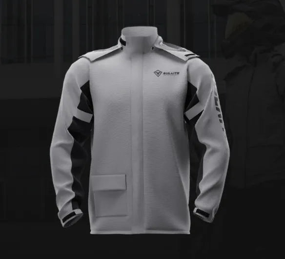 Adult motorcycle rain suit set with split raincoat, trousers, hidden shoe covers and storage bag