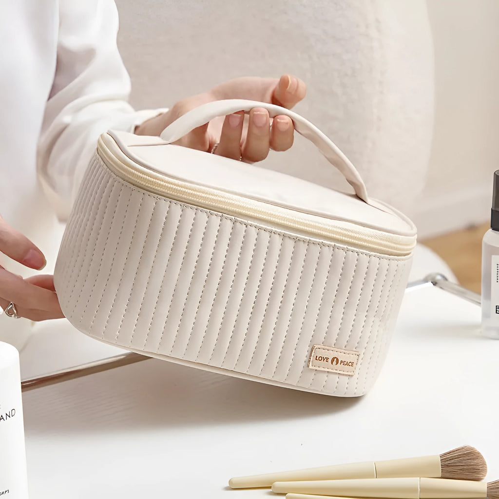 Open-top PU leather makeup bag with zip closure in a choice of six colours.