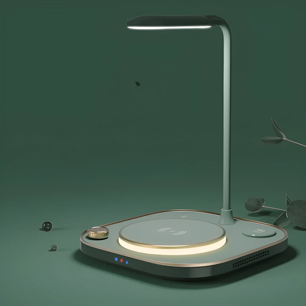 Alpharan three-in-one wireless magnetic charger desk lamp with 15W fast charging in black, showing a phone on the charging base and the lamp on
