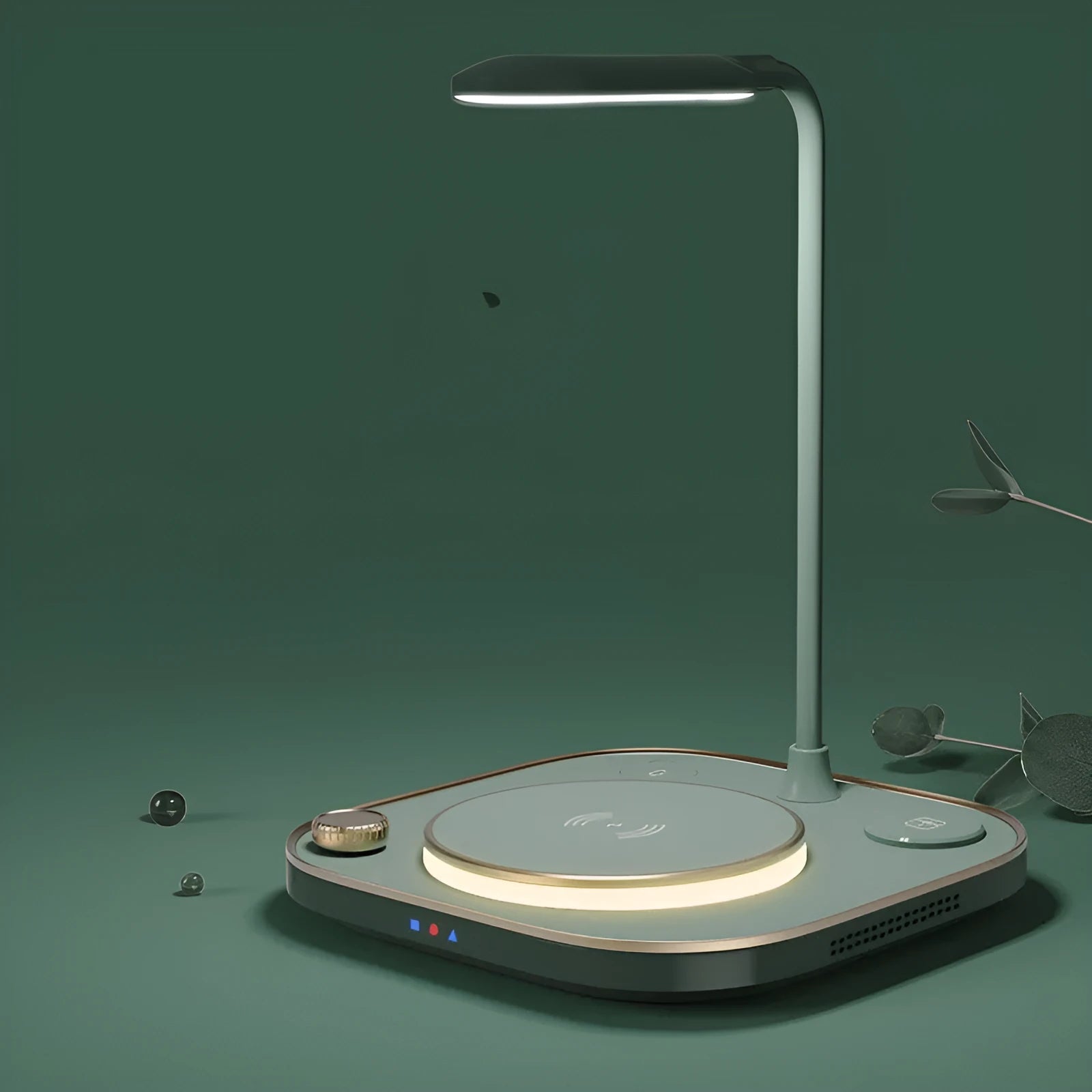 Alpharan three-in-one wireless magnetic charger desk lamp with 15W fast charging in black, showing a phone on the charging base and the lamp on