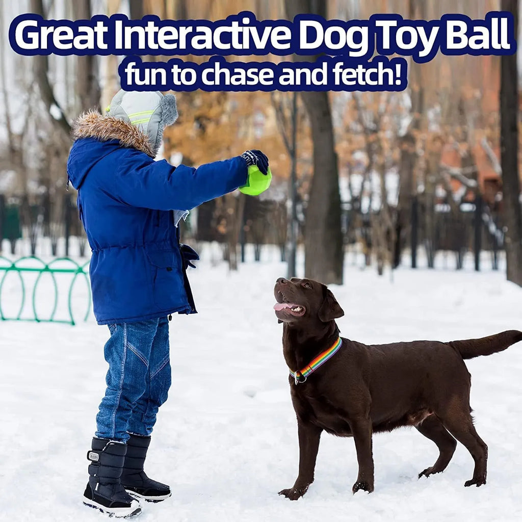 Green natural rubber squeaky dog toy for aggressive chewers, shown with dimensions.