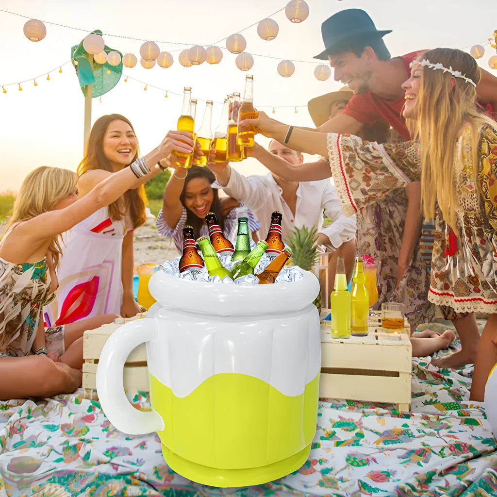 Yellow inflatable PVC ice bucket designed for chilling beer steins and drinks.