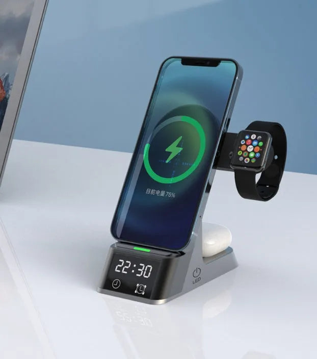 Black six-in-one wireless charging alarm clock with Apple Watch dock and LED display
