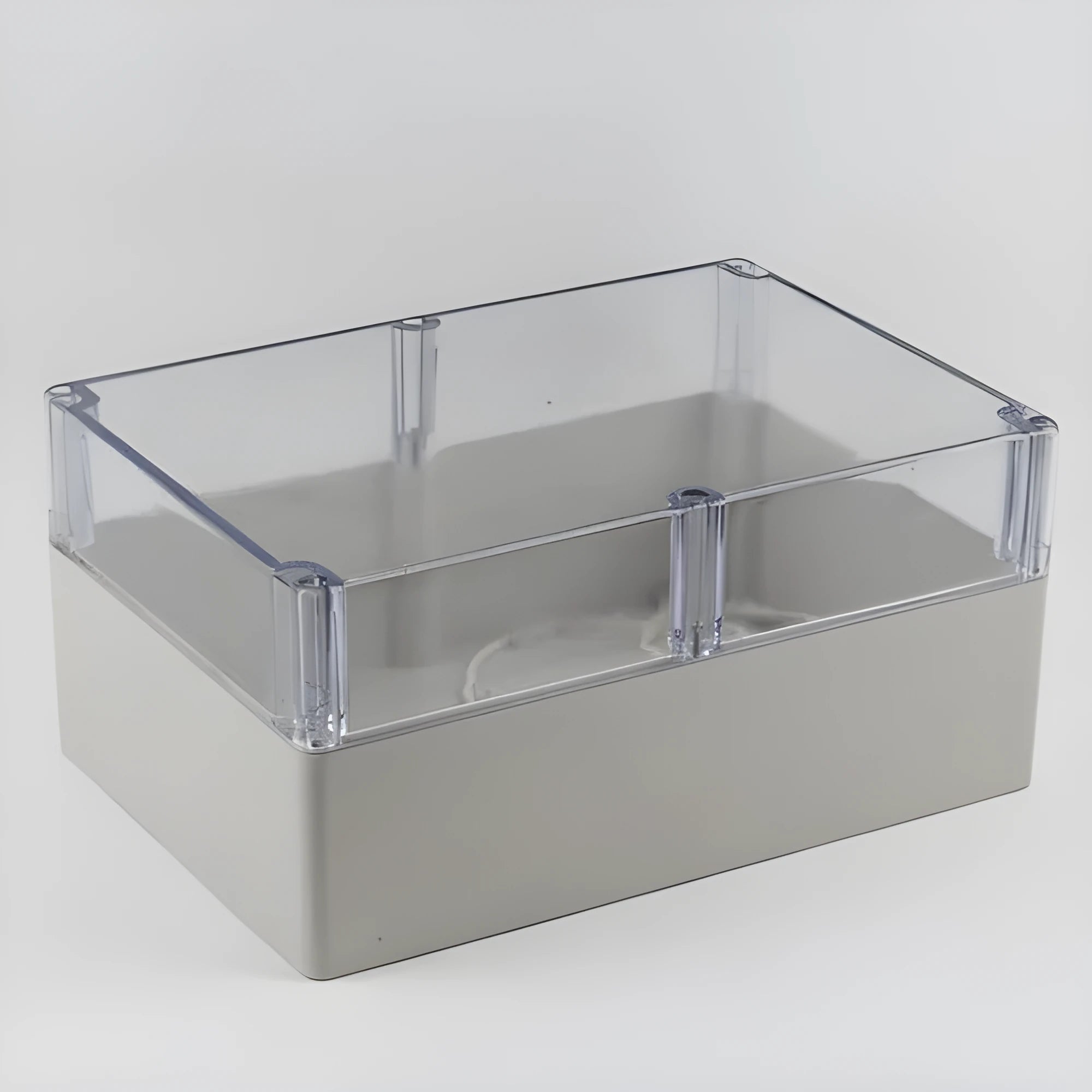 White waterproof plastic junction box with transparent cover, 100x68x50mm, for electrical connections
