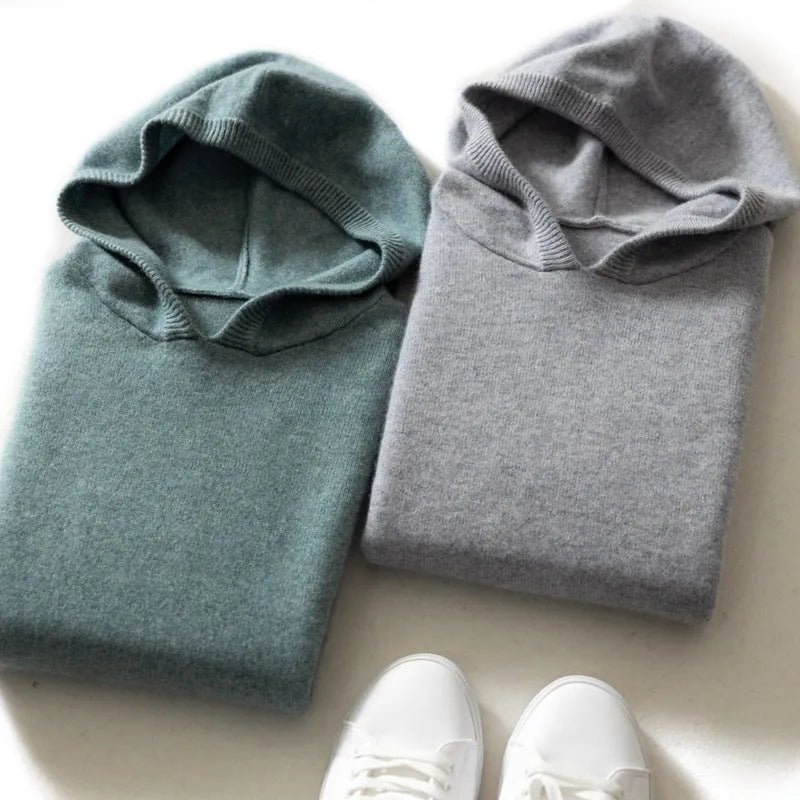 Men's cashmere hooded thickened sweater in loose fit, solid black colour, long sleeve winter pullover