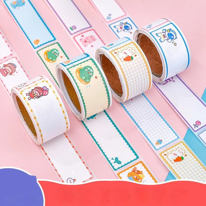 Roll of colourful cartoon name tape stickers with dinosaur, astronaut, rabbit, and girl designs.