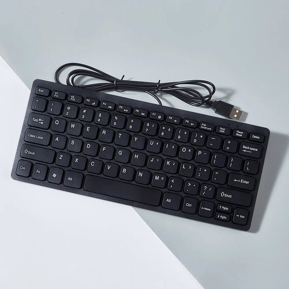 Compact wired USB mini keyboard in black with noiseless keys and 1.3 metre cable