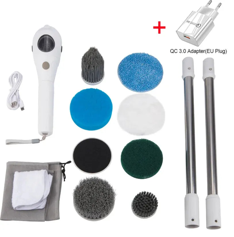 White handheld shower cleaning brush with multiple standard nozzle attachments and USB charging cable