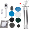 White handheld shower cleaning brush with multiple standard nozzle attachments and USB charging cable
