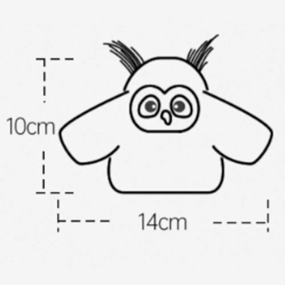 Grey automatic owl cat toy with flapping wings on flat surface, measuring 10cm by 14cm