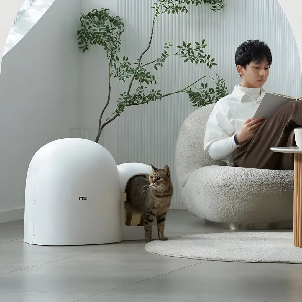 Fully enclosed oversized cat litter box in ABS plastic, shown in aurora white, moss green, and milk tea colour options.
