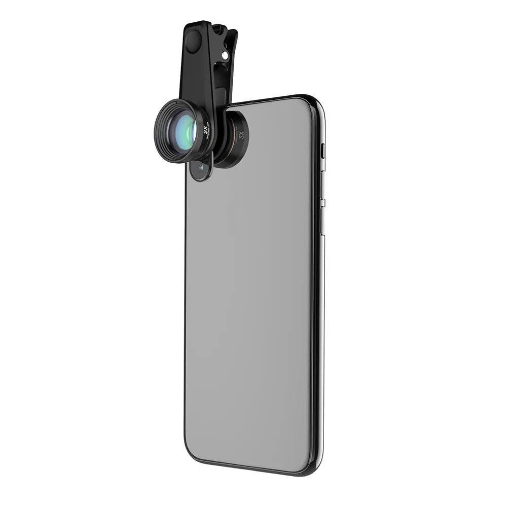 Six mobile phone camera lenses including fisheye, macro, wide-angle, telephoto and filters in EVA case with universal clip