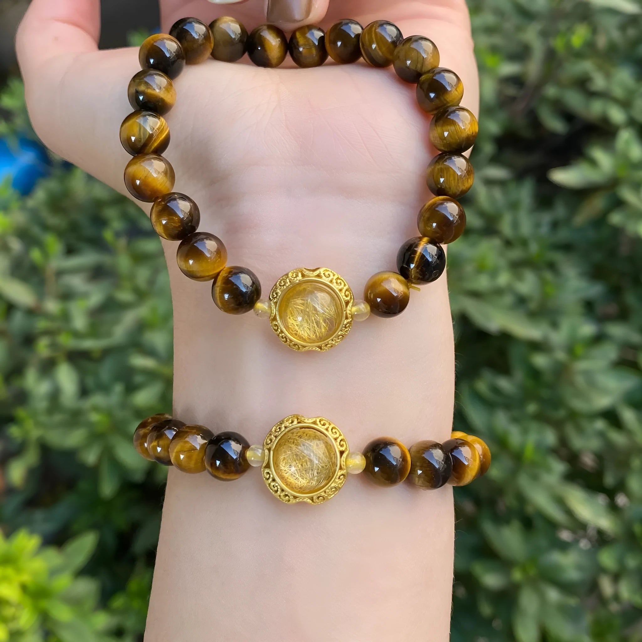 Handmade unisex crystal bracelet with diamond-studded gourd charm and mix of 8mm and 10mm prayer wheel, topaz, and disc beads.