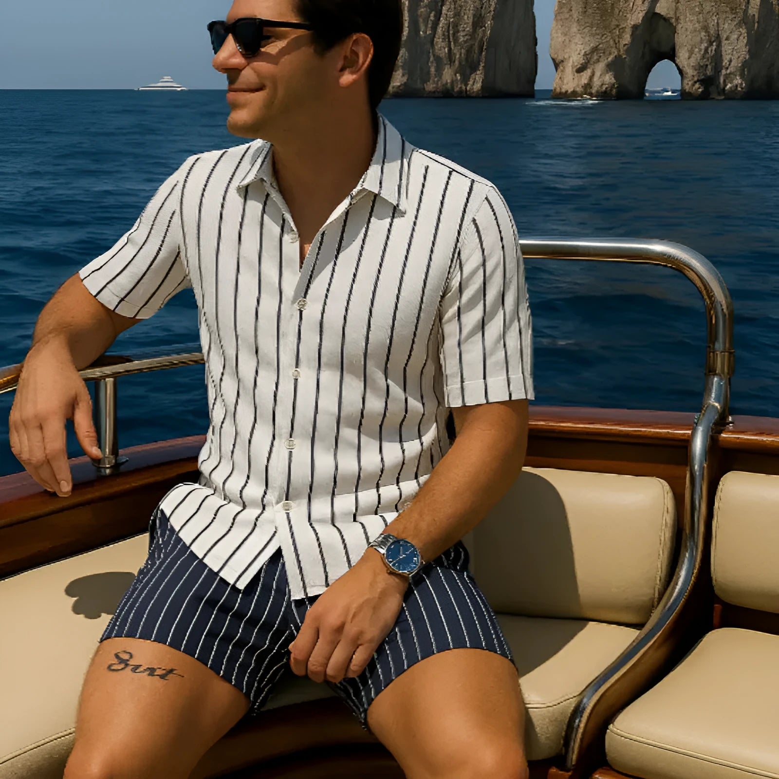 Man wearing a light blue men's beach shirt and matching shorts set on a beach