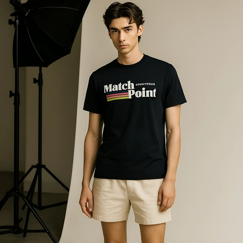 Black men's t-shirt with a 3D digital printed text pattern, round neck, and short sleeves.