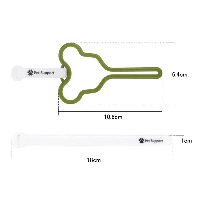 A hands-free dog poop bag holder with a fixed clip and adjustable black Velcro strap, shown attached to a dog lead.