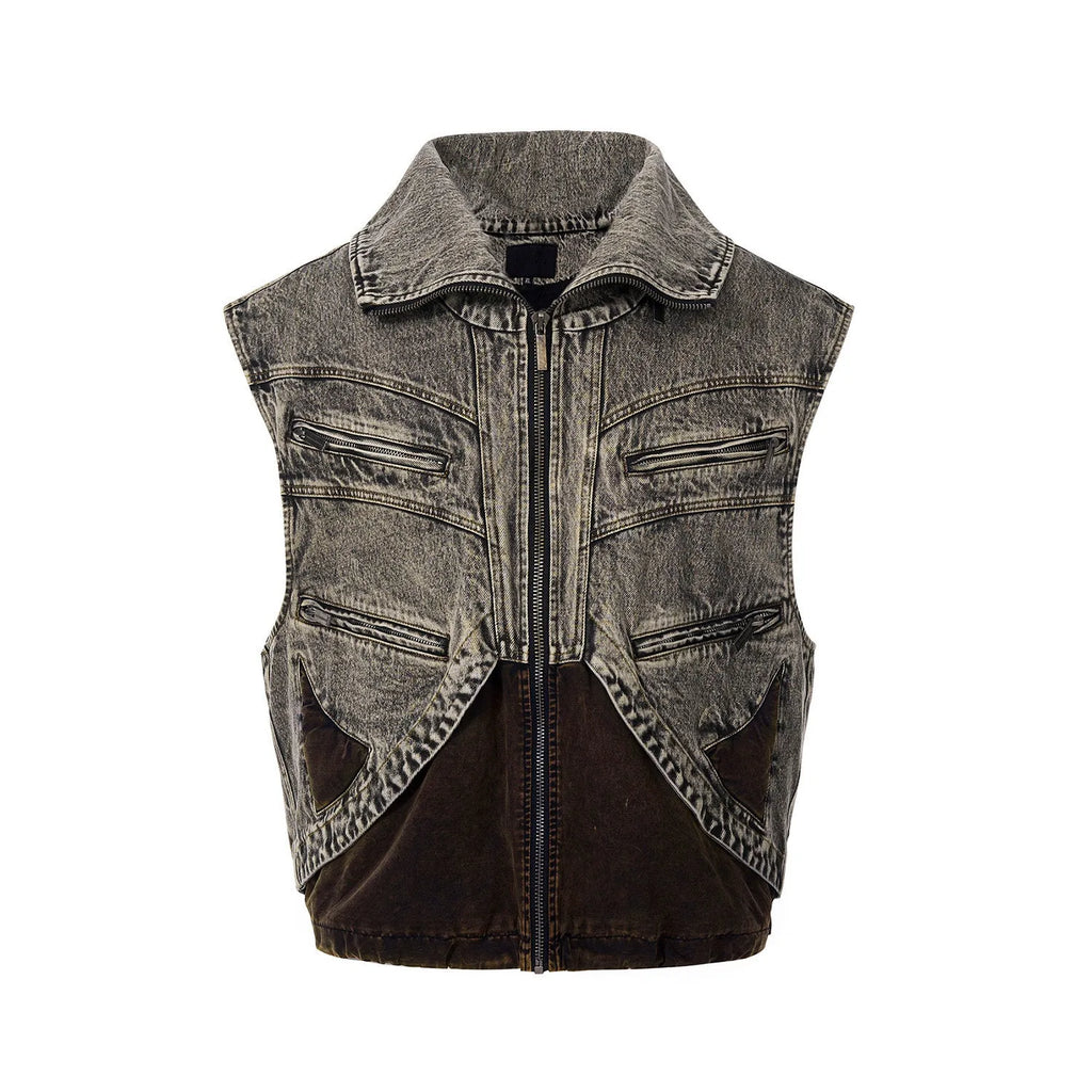 Men's blue denim vest jacket with front zipper and sleeveless design for summer wear