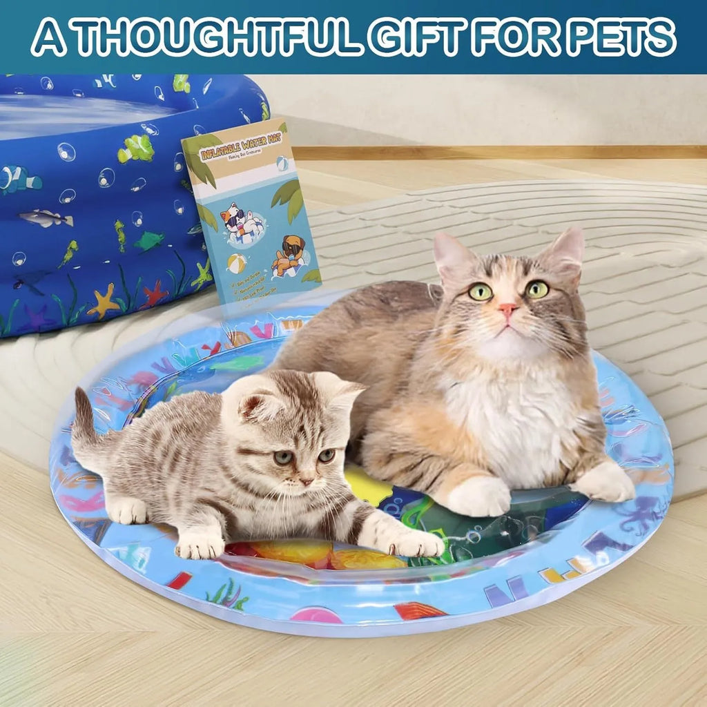Thickened PVC cat water sensory play mat with floating fish toys, measuring 100cm square