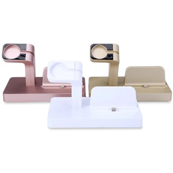 White 2-in-1 desktop charging dock holding an iPhone and an Apple Watch, showing cable cutout and non-slip base.