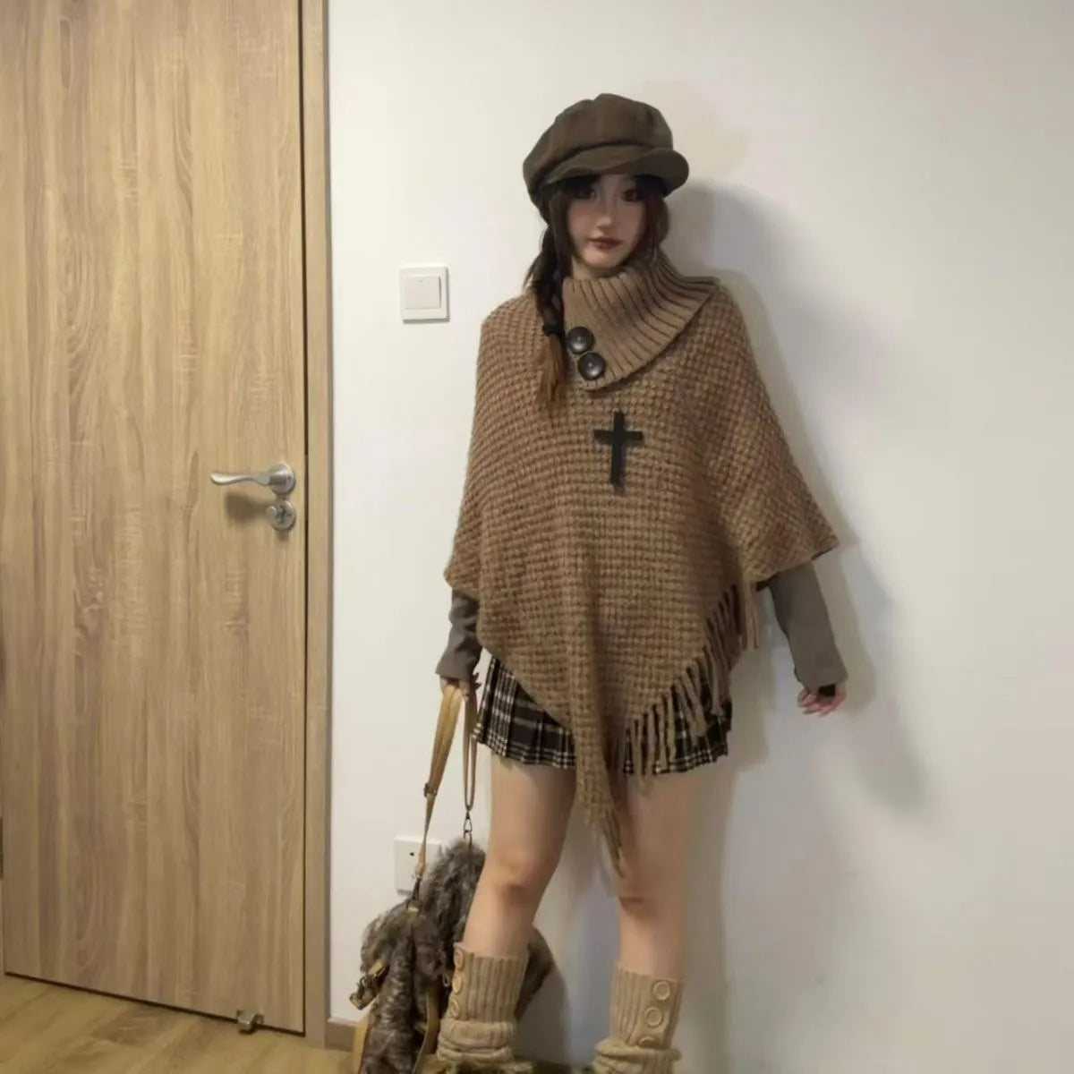 Women's casual plush triangle shawl cape with tassel edges in various colours