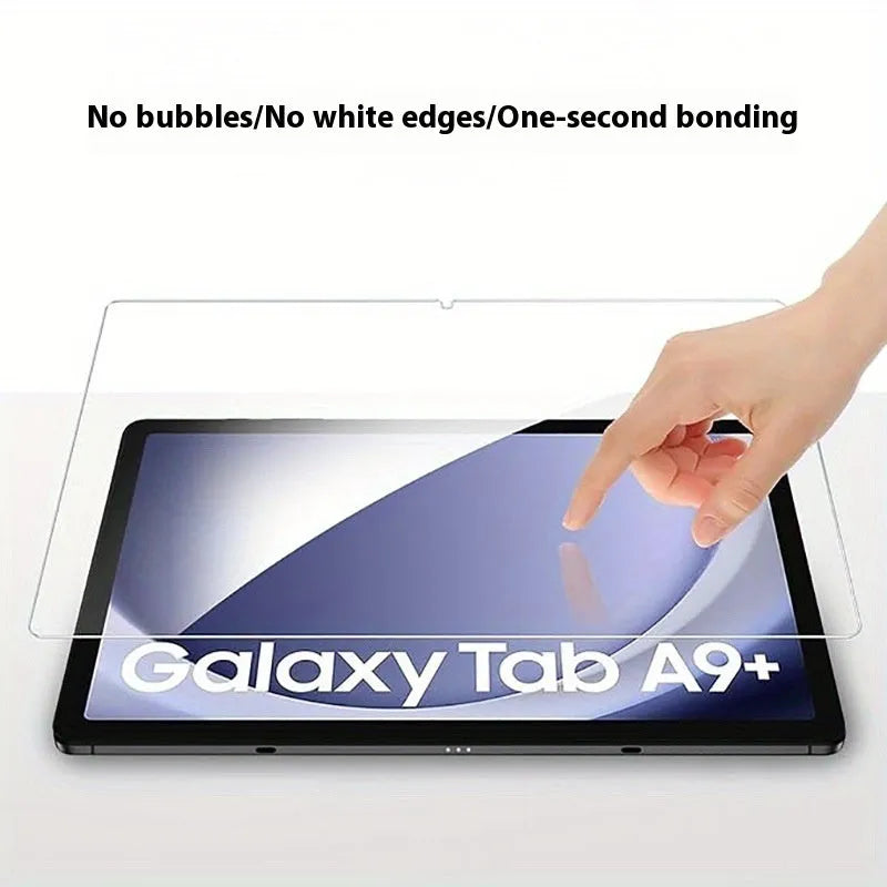 Samsung Galaxy tablet with a clear tempered glass screen protector applied, showing anti-fingerprint properties.