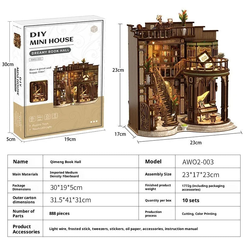 DIY wooden European architecture model of Sweet Dreams Book Hall with lamp line and matte rod