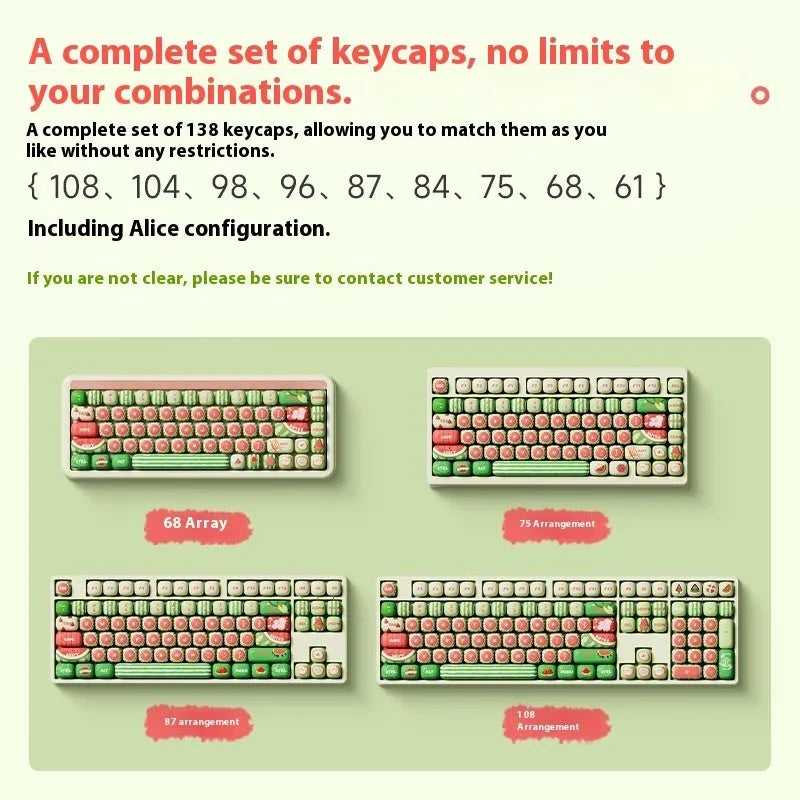 138-piece watermelon theme PBT keycaps with five-sided sublimation printing for mechanical keyboards