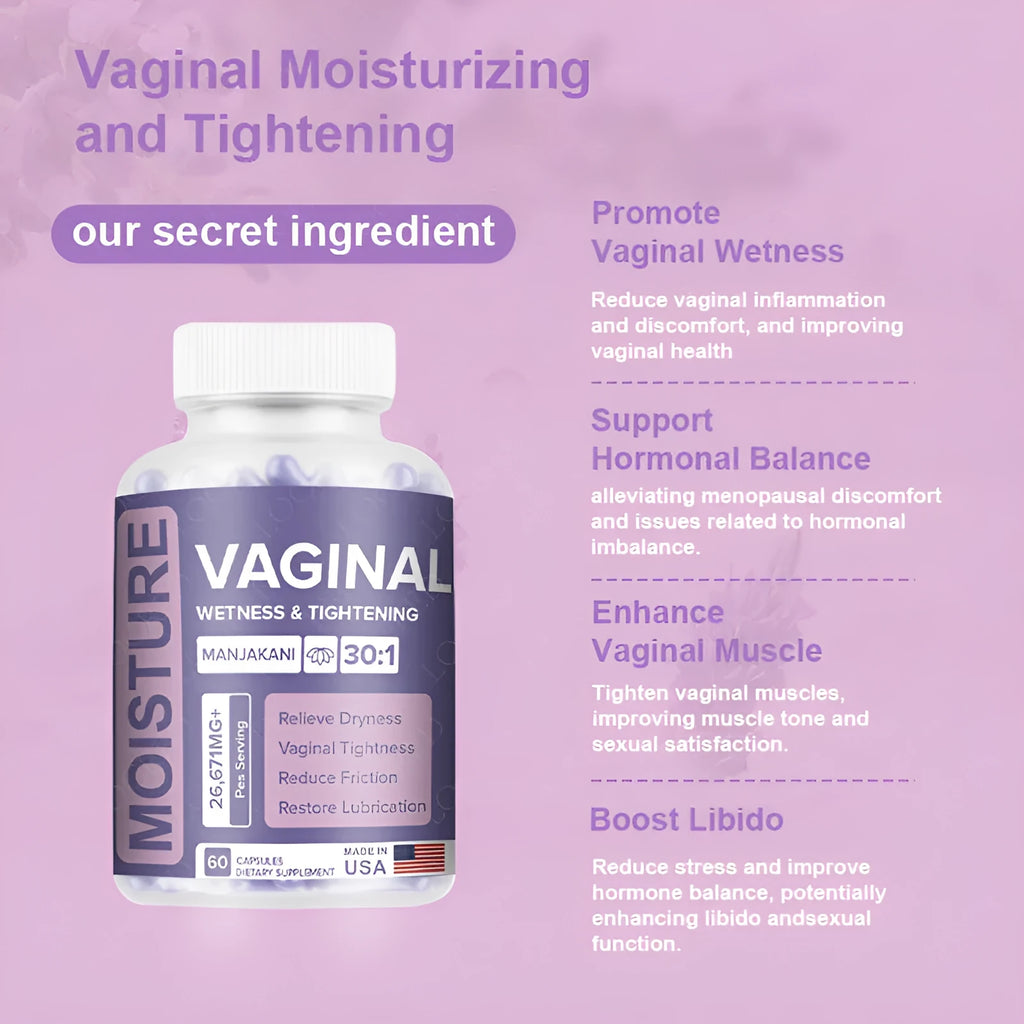 Bottle containing 60 vaginal capsules for adult intimate hygiene use