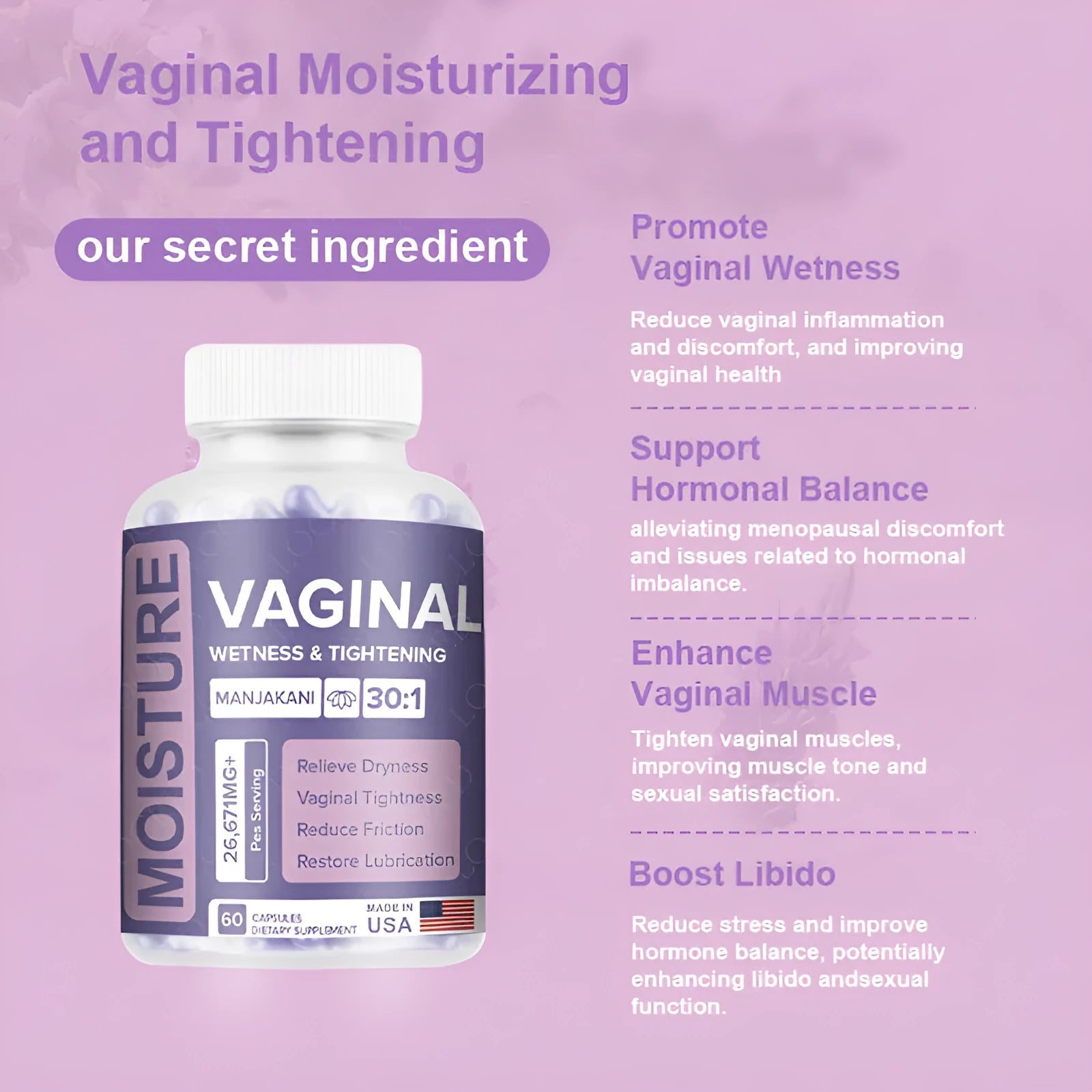 Bottle containing 60 vaginal capsules for adult intimate hygiene use