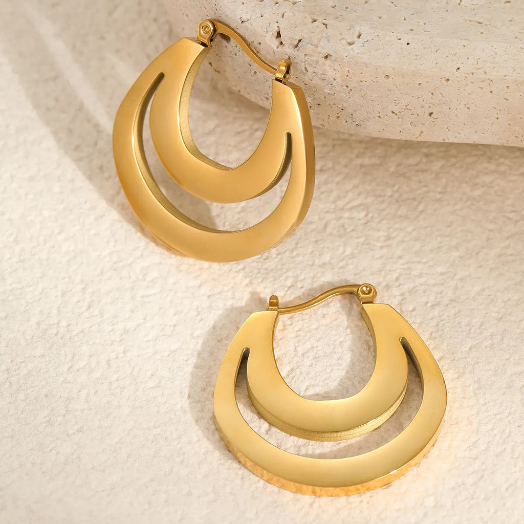 Geometric French earrings with round ring design in gold or steel metallic colours