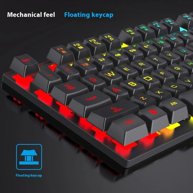 Black portable gaming keyboard with backlit keys and gaming mouse set on desktop