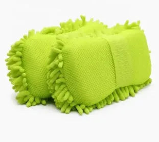 Silvery green microfiber chenille car wash sponge measuring 14x25 cm with spiral wool construction