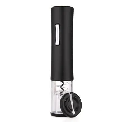Black automatic electric wine opener with foil cutter and transparent window on white background