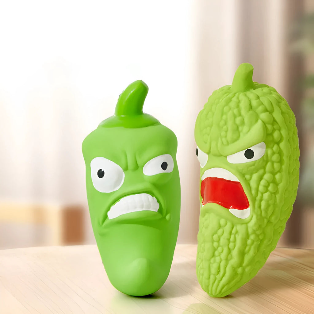 Bitter melon and chilli shaped dog chew toys with textured surfaces for teeth cleaning