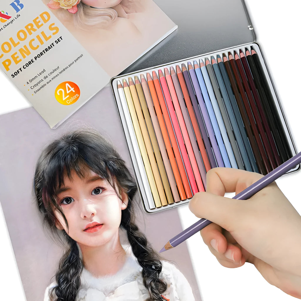 24-colour skin tone pencil set in iron storage box for portrait art